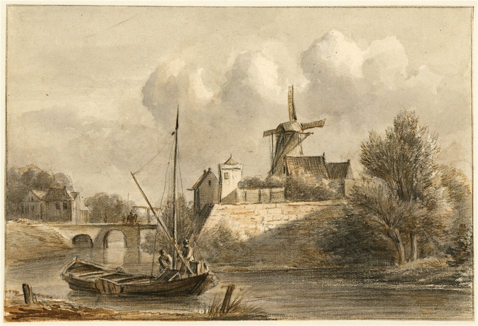 HUA-202823-Gezicht op de Stadsbuitengracht te Utrecht met het bastion Manenburg links de Tolsteegbrug en op de achtergrond de molen op de Bijlhouwerstoren