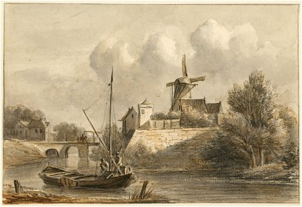 HUA-202823-Gezicht op de Stadsbuitengracht te Utrecht met het bastion Manenburg links de Tolsteegbrug en op de achtergrond de molen op de Bijlhouwerstoren