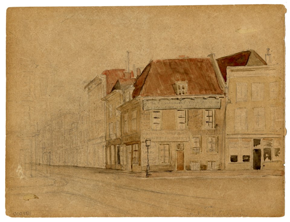 HUA-202581-Gezicht op voorgevels van de huizen op de hoek van de Lange Viestraat links en het Vredenburg te Utrecht Op het hoekhuis staan verschillende reclames 
