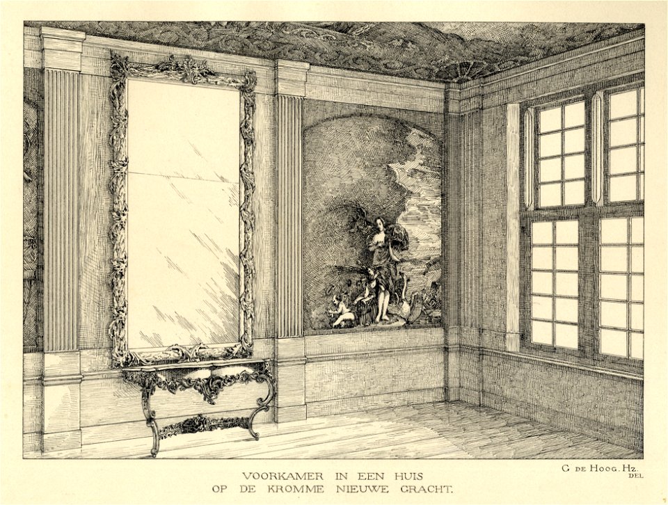 HUA-206804-Interieur van het huis Kromme Nieuwegracht 80 te Utrecht een zijkamer beschilderd met klassieke voorstellingen met daartussen een spiegel met wandtafe