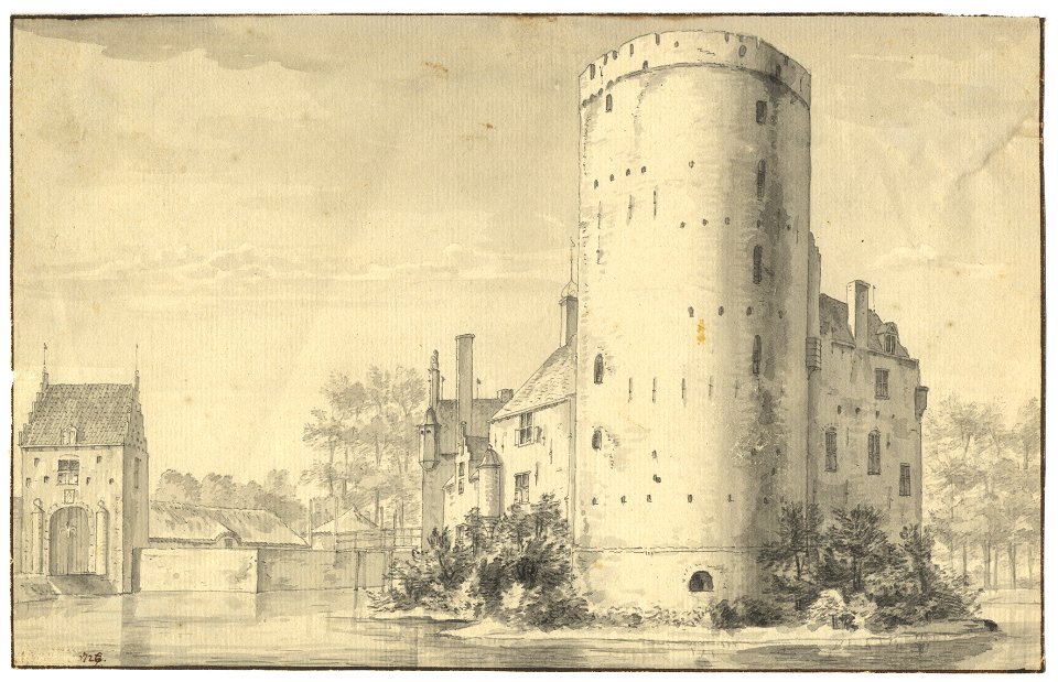 HUA-201916-Gezicht op het kasteel Sterkenburg te Driebergen uit het zuidoosten met links het poortgebouw dat toegang gaf tot de voorburchtNB De gemeenten Drieber