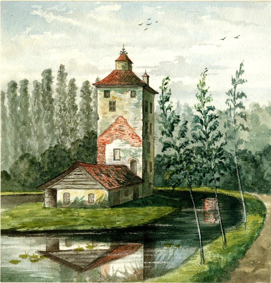 HUA-201365-Gezicht op de Hamtoren restant van het kasteel Den Ham bij Vleuten met een lagere aanbouw uit het noordoostenNB De gemeente Vleuten is per 1 januari 1