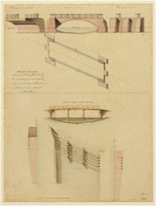 HUA-216183-Plattegronden opstanden en doorsneden van de bestaande houten brug en van het ontwerp voor een stenen brug over de Kromme Rijn bij de Stadsbuitengrach