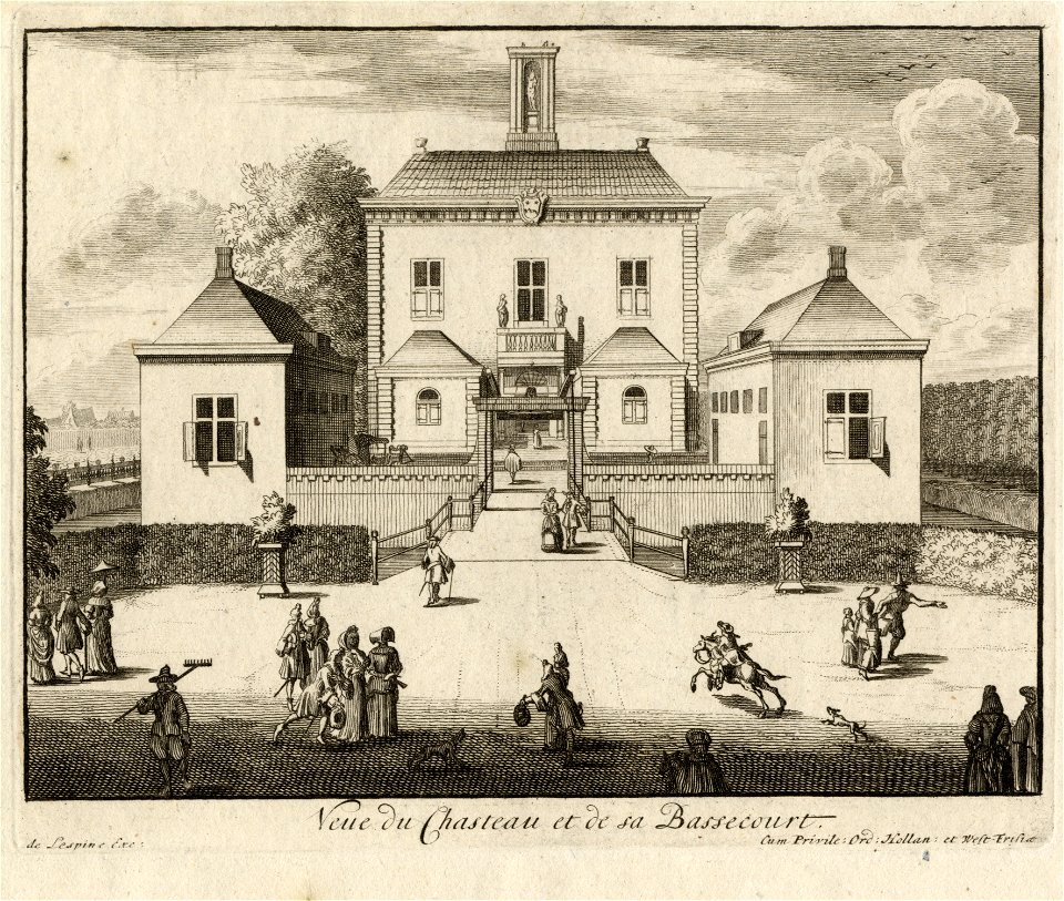 HUA-202366-Gezicht op de voorgevel en de beide bijgebouwen van het kasteel Gunterstein te Breukelen vanaf het voorterrein uit het oosten