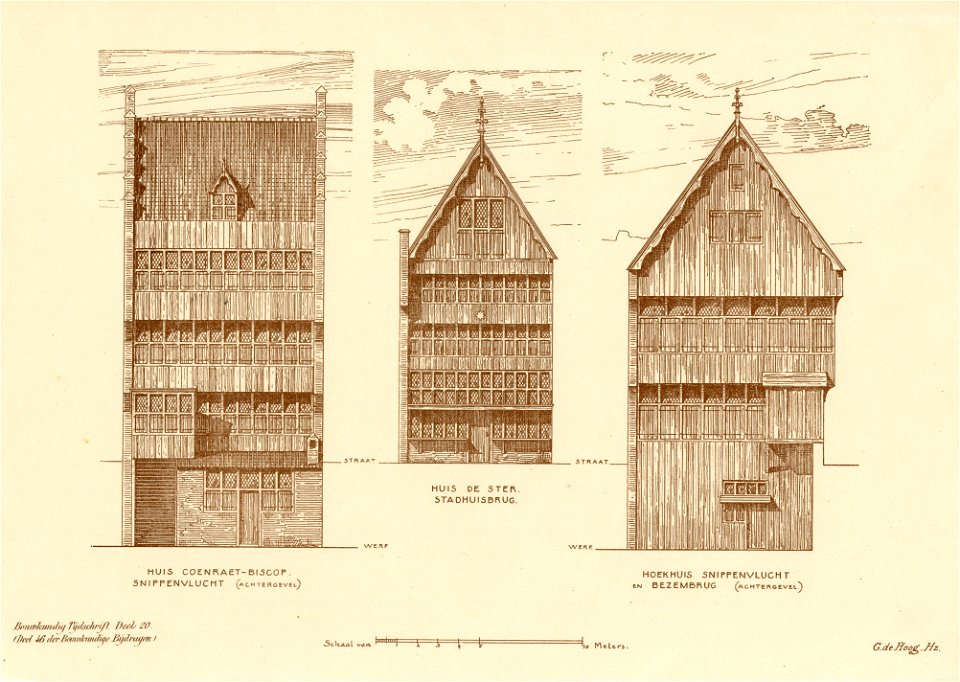 HUA-202648-Opstand van de gereconstrueerde voorgevel van het huis Coenraet Biscop Snippenvlucht links van het huis De Ster Oudegracht 160 bij de Stadhuisbrug mid