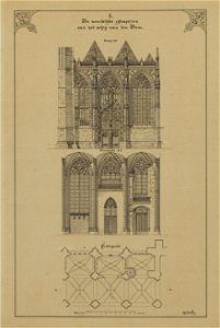 HUA-216354-Afbeeldingen van de Domkerk te Utrecht met weergave van het in 1674 ingestorte gedeelte plattegrond en opstand van het exterieur van de drie noordelij