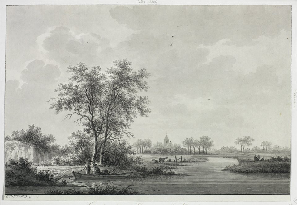 HUA-206249-Gezicht op een landschap met water met het dorp Vleuten op de achtergrond