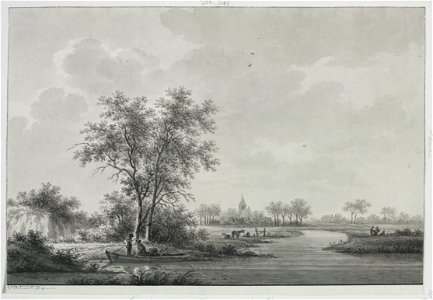 HUA-206249-Gezicht op een landschap met water met het dorp Vleuten op de achtergrond