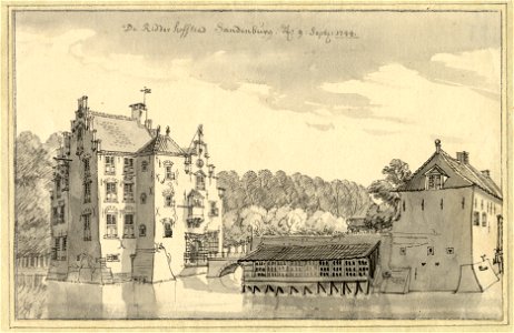 HUA-206354-Gezicht op het omgrachte kasteel Sandenburg te Nederlangbroek gemeente Langbroek uit het zuidoosten met rechts de ommuurde voorburcht met een eendenka