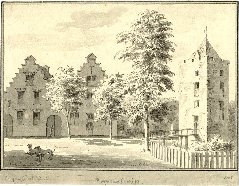 HUA-201823-Gezicht op de voorgevels van de bouwhuizen op de voormalige voorburcht en de omgrachte woontoren van het kasteel Rhijnestein te Cothen