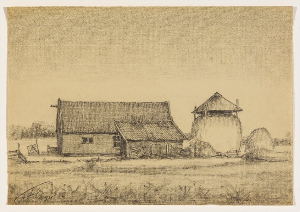HUA-206585-Gezicht op een kleine boerderij met een hooiberg achter de Albrecht Thaerlaan te MaartensdijkNB Dit gedeelte van de gemeente Maartensdijk is per 1 jan