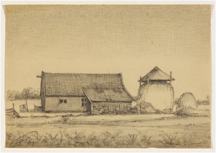 HUA-206585-Gezicht op een kleine boerderij met een hooiberg achter de Albrecht Thaerlaan te MaartensdijkNB Dit gedeelte van de gemeente Maartensdijk is per 1 jan