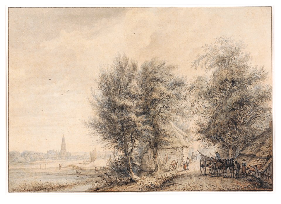 HUA-206548-Gezicht op de Marsdijk een landweg met enkele schuren tussen bomen aan de zuidzijde van de Rijn met links op de achtergrond de stad Rhenen met het Kon