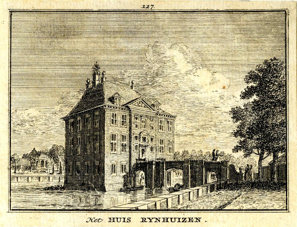 HUA-201831-Gezicht op de zij en de voorgevel van het kasteel Rijnhuizen te Jutphaas uit het zuidoosten met op de achtergrond een gedeelte van de tuinNB De gemeen