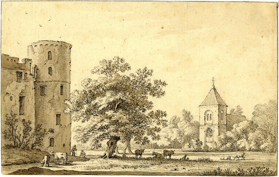 HUA-201325-Gezicht op de oostelijke toren van het kasteel De Haar bij Haarzuilens uit het noorden met rechts de kasteelkapelNB De gemeente Haarzuilens is per 1 j