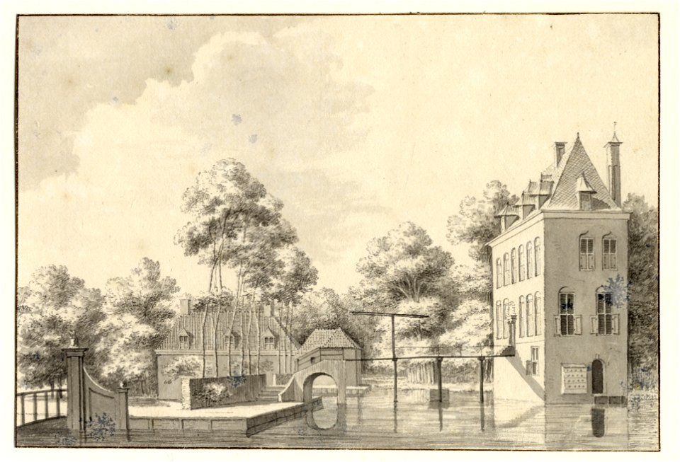 HUA-201738-Gezicht op de voor en zijgevel van het kasteel Oudegein te Jutphaas met links het voorterrein met enkele bouwhuizen uit het zuidoostenNB De gemeenten 