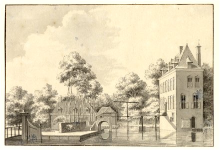 HUA-201738-Gezicht op de voor en zijgevel van het kasteel Oudegein te Jutphaas met links het voorterrein met enkele bouwhuizen uit het zuidoostenNB De gemeenten 