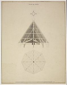 HUA-214475-Plattegrond en doorsnede van de kap van de Domtoren te Utrecht met opstand van de bekroning