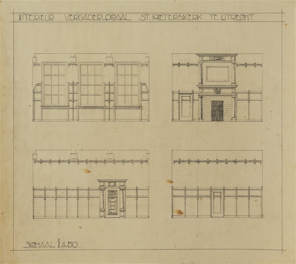 HUA-214540-Interieur van de St Pieterskerk Pieterskerkhof te Utrecht opstanden van de wanden met een schouw deuren en wandversieringen van het ontwerp voor de ni