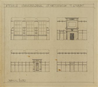 HUA-214540-Interieur van de St Pieterskerk Pieterskerkhof te Utrecht opstanden van de wanden met een schouw deuren en wandversieringen van het ontwerp voor de ni