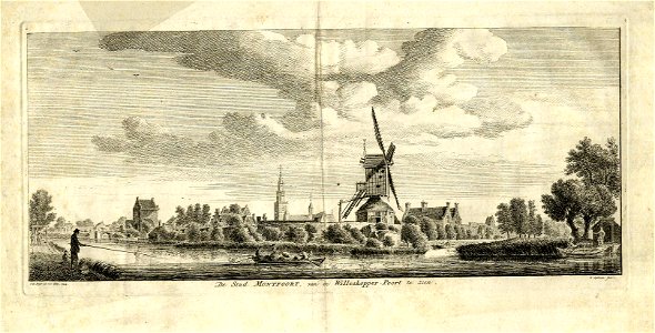 HUA-206098-Gezicht over de stadsbuitengracht op Montfoort uit het zuidwesten met links de Willeskopperpoort in het midden op de achtergrond de Janskerk en op de 