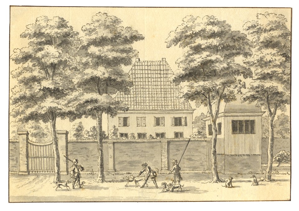 HUA-201763-Gezicht op de zijgevel van het huis Quackenburg in het dorp Ter Aa gedeeltelijk verscholen achter een muur met links een toegangshek en rechts een uit