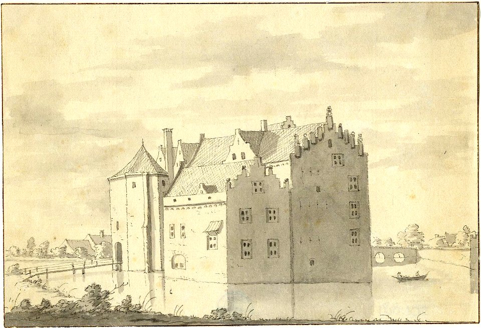 HUA-201881-Gezicht op het omgrachte kasteel Sandenburg te Nederlangbroek gemeente Langbroek NB Kasteel Sandenburg heeft tegenwoordig het adres Langbroekerdijk A 