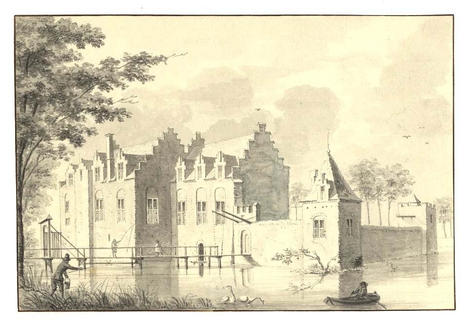 HUA-201685-Gezicht op het omgrachte kasteel Nijeveld bij Veldhuizen uit het noordoostenNB De gemeente Veldhuizen is per 1 januari 1954 opgenomen in de gemeente V
