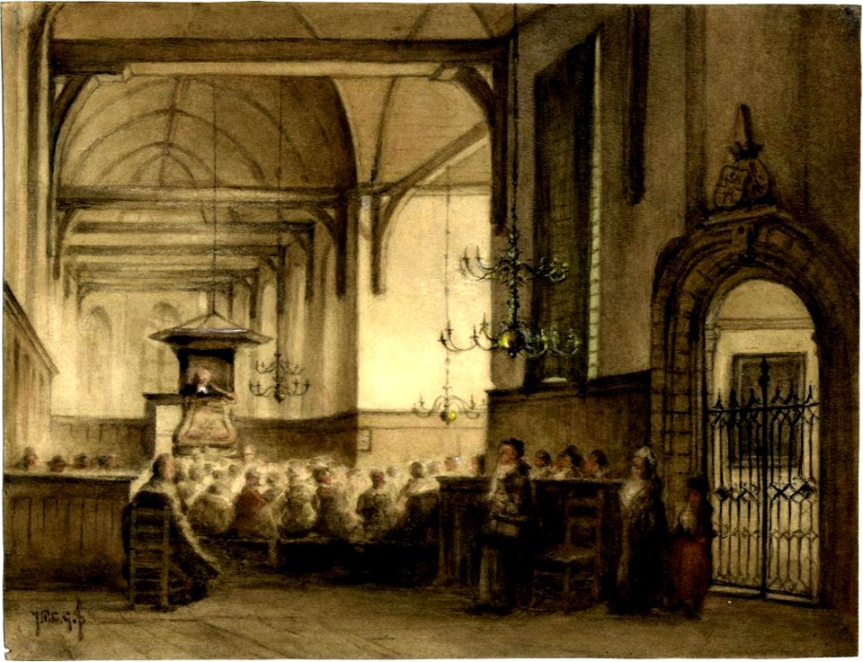 HUA-206199-Interieur van de Nederlands Hervormde kerk te Maarssen het schip en het koor gezien uit het noordwesten tijdens een kerkdienst met rechts de grafkapel