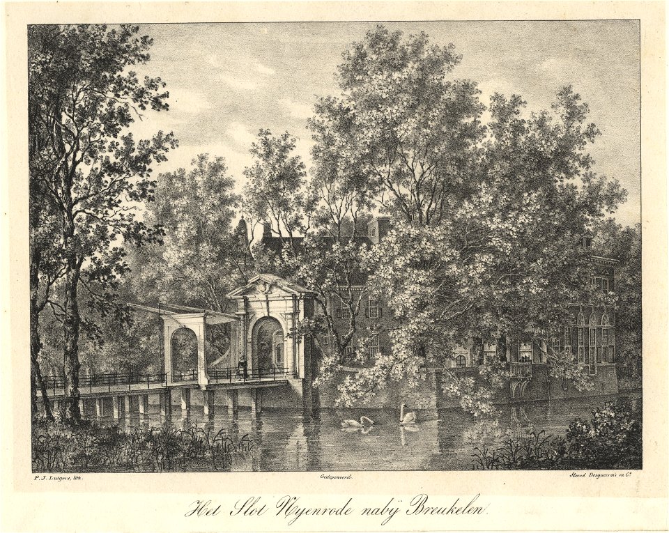 HUA-201699-Gezicht vanaf de straatweg langs de Vecht op het kasteel Nijenrode bij Breukelen met de toegangsbrug naar het plein voor het hoofdgebouw uit het zuido