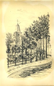 HUA-222069-Gezicht op een weggetje te Overlangbroek gemeente Langbroek met op de achtergrond de toren van de NH kerkNB Blad uit het Schetsboek No 5 van Th Schart