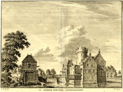 HUA-201519-Gezicht op het omgrachte kasteel Loenersloot uit het zuidwesten met links het poortgebouwNB Dit kasteel heeft tegenwoordig het adres Rijksstraatweg 21