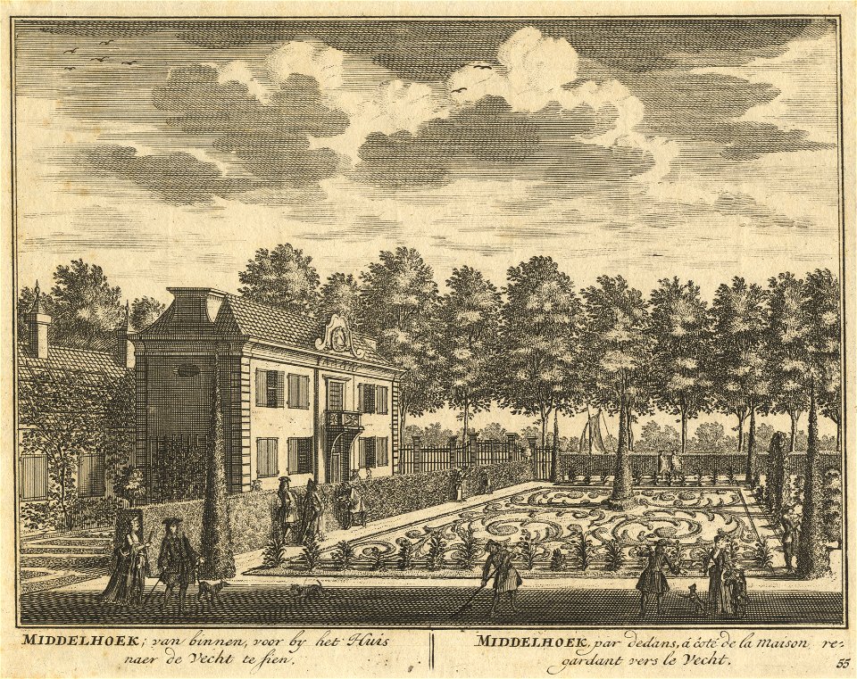 HUA-201581-Gezicht op de buitenplaats Middenhoek bij Loenen met het huis en de daarvoor gelegen tuin met een broderieparterre en op de achtergrond de bomen langs