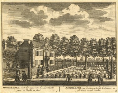 HUA-201581-Gezicht op de buitenplaats Middenhoek bij Loenen met het huis en de daarvoor gelegen tuin met een broderieparterre en op de achtergrond de bomen langs