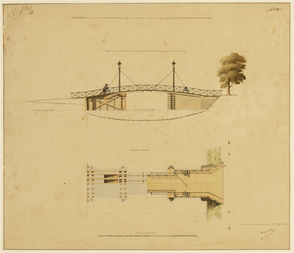 HUA-216193-Plattegrond en opstand van het ontwerp voor een basculebrug Willemsbrug over de Stadsbuitengracht tussen de Mariaplaats en de Catharijnesingel te Utre