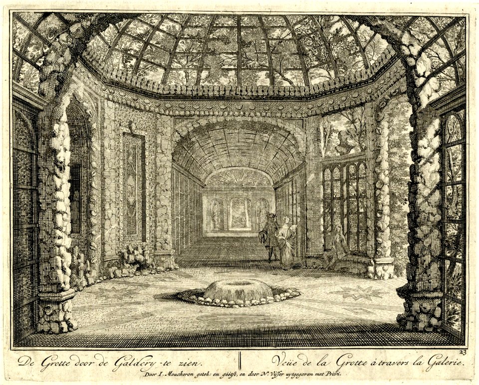 HUA-201409-Gezicht in een loofgang van latwerk in de tuin van de buitenplaats Heemstede te Houten vanuit een met grotwerk gedecoreerd paviljoen