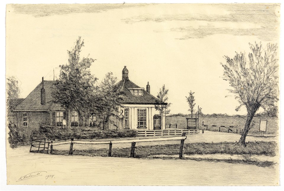 HUA-206215-Gezicht op het kruispunt van de Blauwkapelseweg met de Ezelsdijk op de grens van Utrecht en Maartensdijk met het tolhuis en de boerderij van Snel uit 