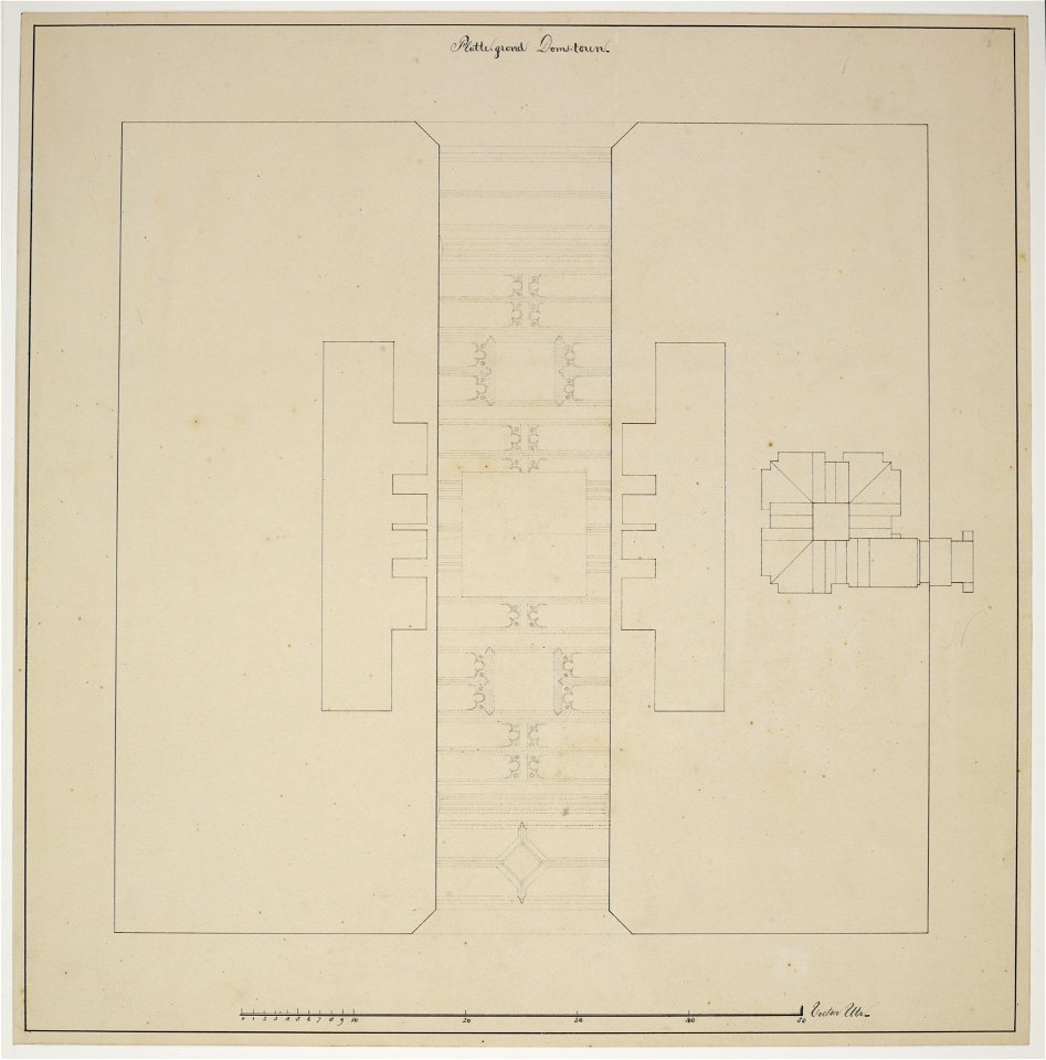 HUA-214468-Plattegrond van de begane grond van de Domtoren te Utrecht met weergave van de gewelven boven de doorgang