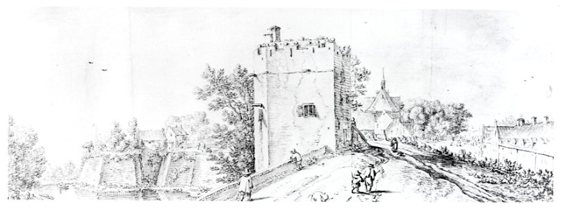 HUA-206623-Gezicht op de stadswal van Utrecht uit het noorden met de toren op het St Servaashek met links de stadsbuitengracht en het bastion Manenburg en rechts