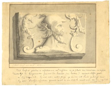 HUA-201602-Afbeelding van een steen met een renaissance voorstelling van een reliëf met een mannenhoofd met een helm en een baard in profiel gevonden bij de ruïn