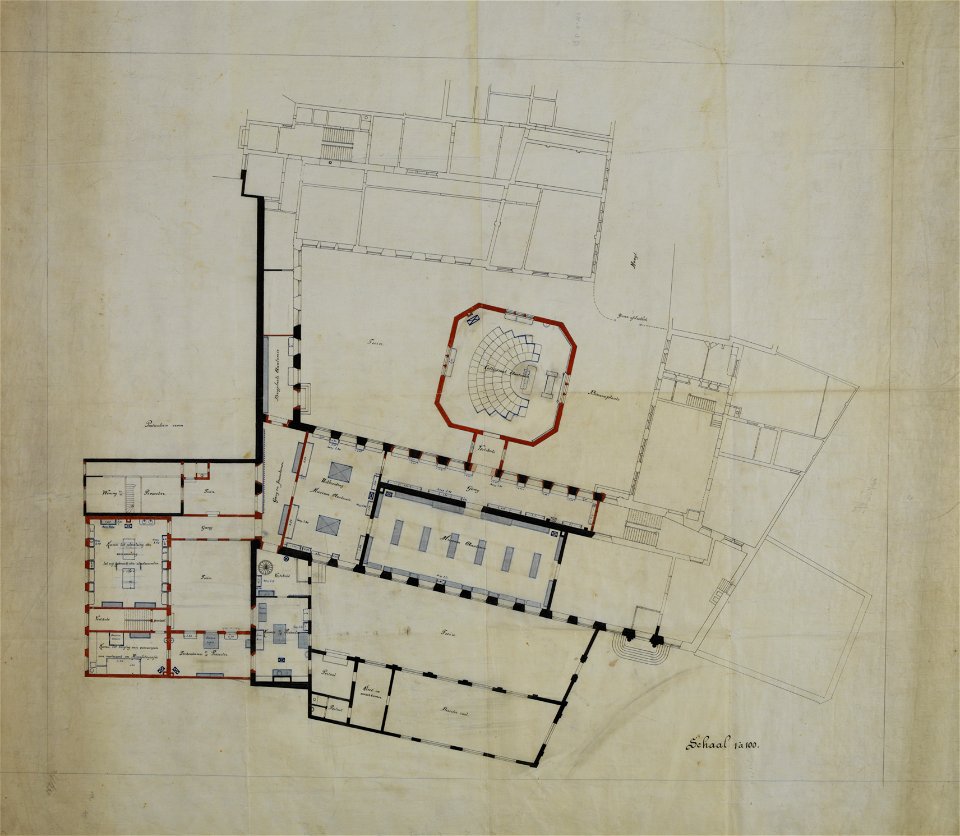 HUA-216848-Plattegrond van het Anatomisch Instituut met Zoölogisch museum voormalige Statenkamer Janskerkhof 3 te Utrecht met weergave van de uitbreiding met ind