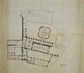 HUA-216848-Plattegrond van het Anatomisch Instituut met Zoölogisch museum voormalige Statenkamer Janskerkhof 3 te Utrecht met weergave van de uitbreiding met ind
