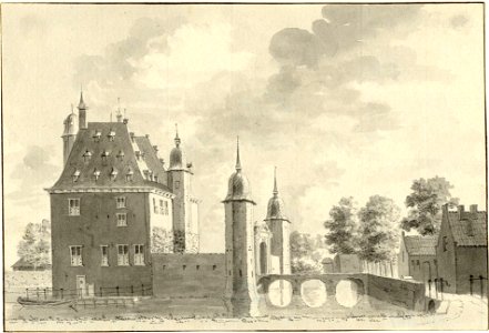 HUA-201987-Gezicht op het omgrachte kasteel Voorn te De Meern gemeente Vleuten De Meern met het ommuurde voorplein met twee duiventorens op de hoeken en rechts d