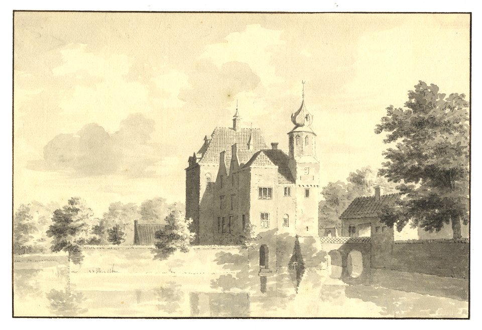 HUA-201653-Gezicht op het omgrachte huis Te Nesse bij Linschoten uit het zuiden met rechts het poortgebouw en de brug naar de hoofdburcht