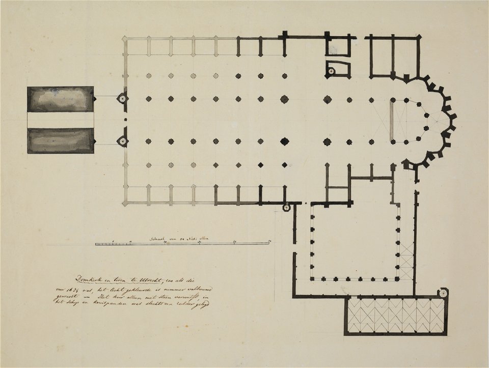 HUA-214422-Plattegrond van de Domkerk de Domtoren de kloostergang en het Kapittelhuis te Utrecht NB een in c 1850 door FNM van Zuylichem vervaardigde reconstruct