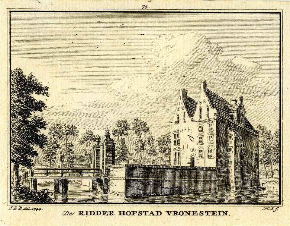 HUA-202006-Gezicht op de voor en de zijgevel van het huis Vronestein bij Jutphaas met de toegangsbrug en het ommuurde voorplein uit het noordwestenNB De gemeente