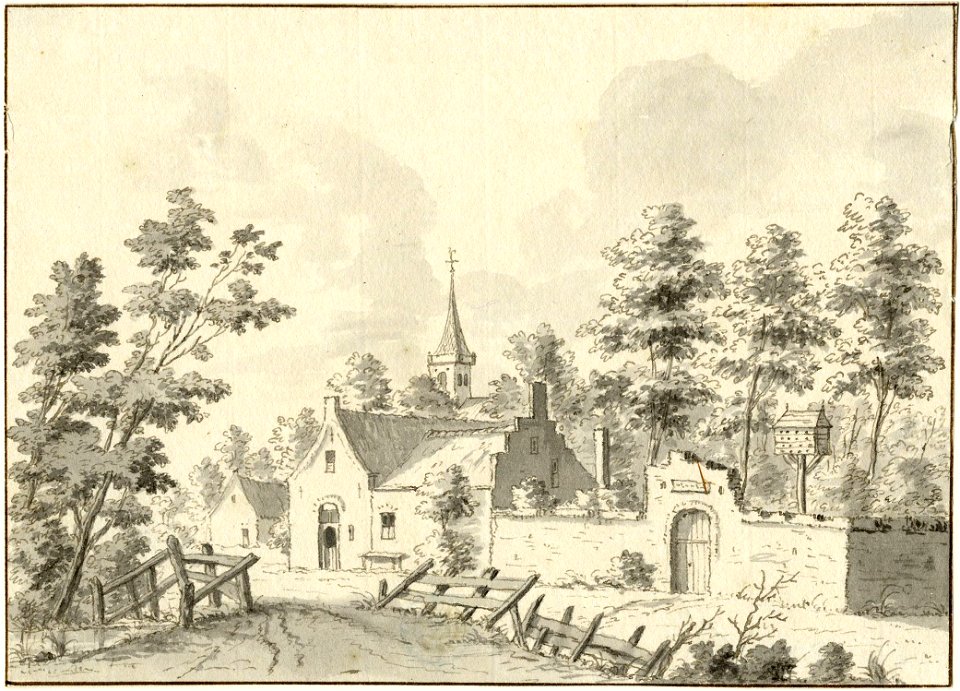 HUA-201471-Gezicht op het huis Koelhorst bij Soest met een ommuurde tuin met een tuinpoort en een duiventil