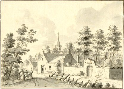HUA-201471-Gezicht op het huis Koelhorst bij Soest met een ommuurde tuin met een tuinpoort en een duiventil