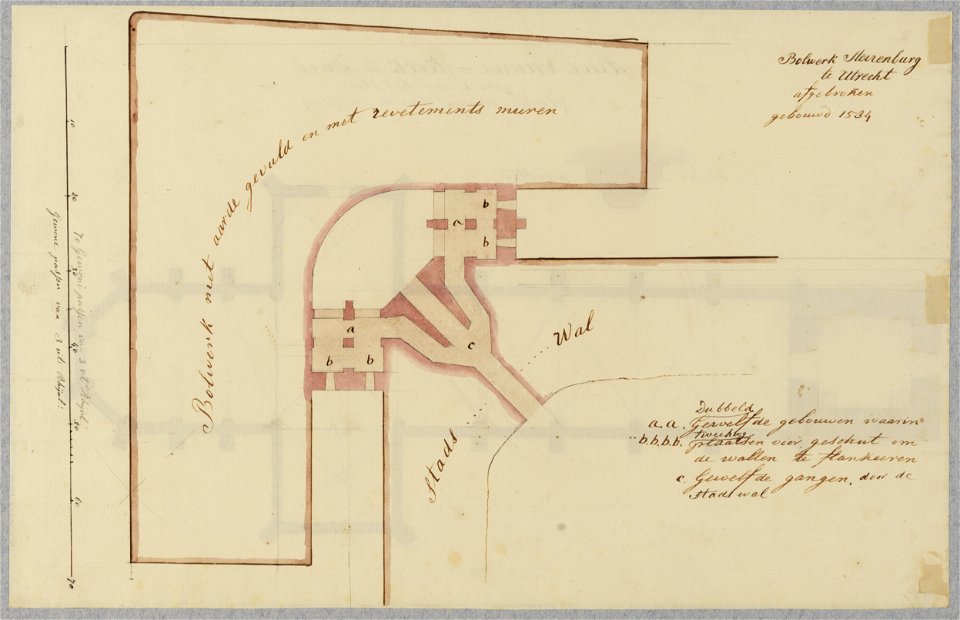 HUA-214341-Plattegrond van het bolwerk Sterrenburg met grondgedekte gangen en kazematten te Utrecht Met legenda NB Het bolwerk is omstreeks 1840 gesloopt Op de a