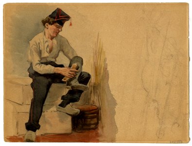 HUA-202582-Afbeelding van een soldaat van de Cavallerie die een laars boent. Free illustration for personal and commercial use.